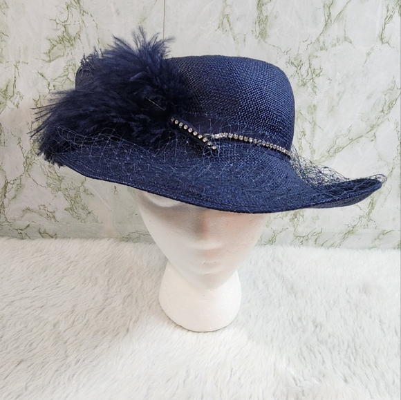 Ruth Alan Designs Navy Hat with Feathers and Rhinestones - Picture 1 of 12